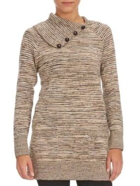 Jeanne Pierre Split Neck Tunic Sweater Women’s Medium Brown Marled Pullover